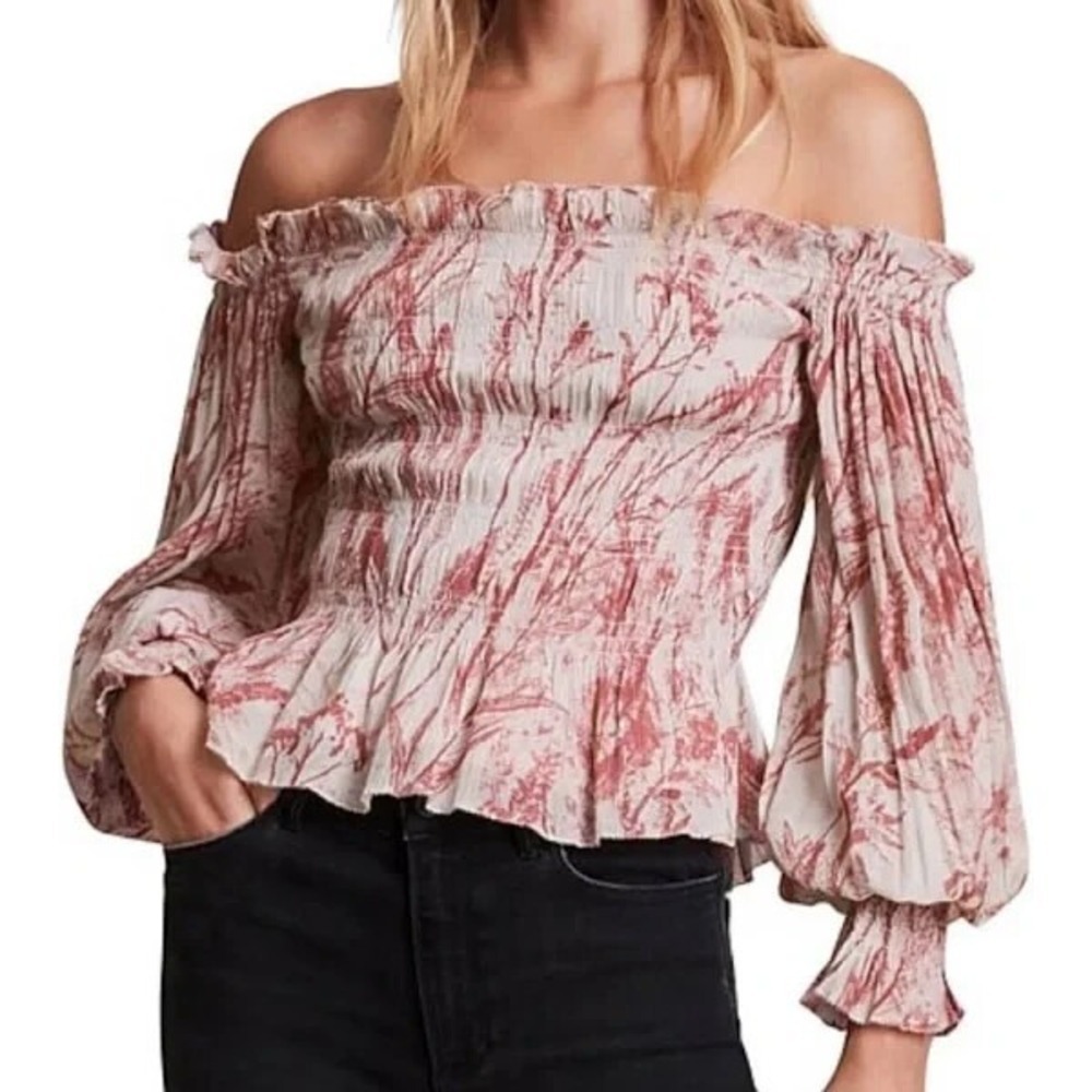ALLSAINTS Women Lara Off Shoulder Smocked Long Sleeve Top Sz 0 Soft Pink 53-26